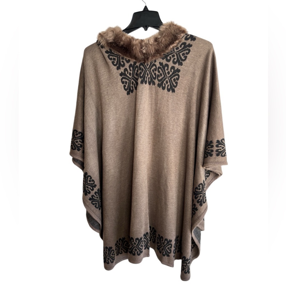 Poncho Cape Shaw Coat Ornate Women's Faux Fur Trim Brown Black One Size Classic - Picture 3 of 12